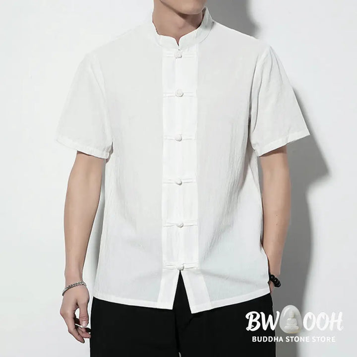 Buddha Stones Casual Solid Color Front Frog Buttons Chinese Tang Suit Short Sleeve Linen Men’s Shirt - Men’s Shirts