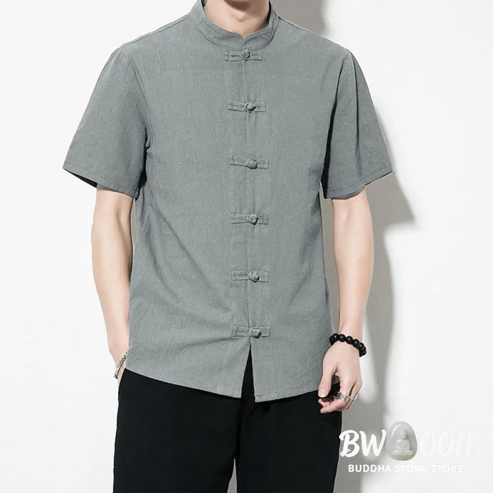 Buddha Stones Casual Solid Color Front Frog Buttons Chinese Tang Suit Short Sleeve Linen Men’s Shirt - Men’s Shirts