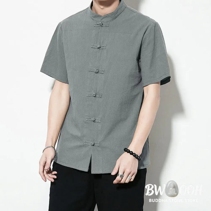 Buddha Stones Casual Solid Color Front Frog Buttons Chinese Tang Suit Short Sleeve Linen Men’s Shirt - Men’s Shirts