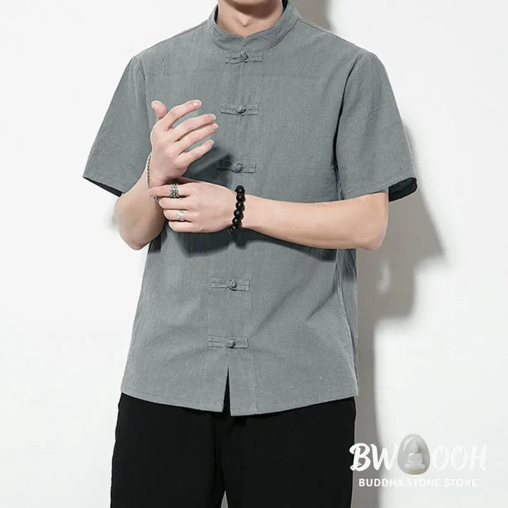 Buddha Stones Casual Solid Color Front Frog Buttons Chinese Tang Suit Short Sleeve Linen Men’s Shirt - Men’s Shirts