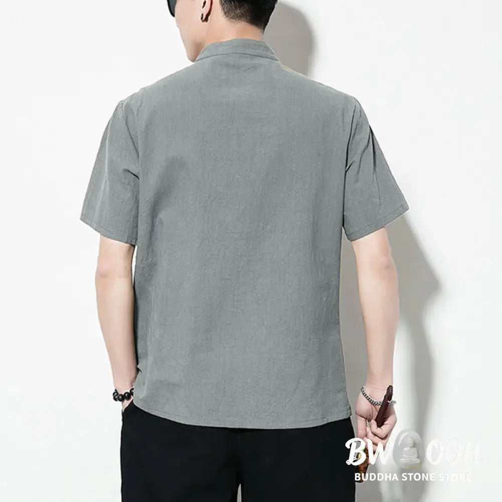 Buddha Stones Casual Solid Color Front Frog Buttons Chinese Tang Suit Short Sleeve Linen Men’s Shirt - Men’s Shirts