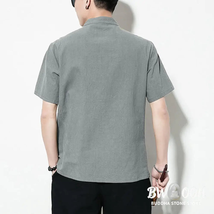 Buddha Stones Casual Solid Color Front Frog Buttons Chinese Tang Suit Short Sleeve Linen Men’s Shirt - Men’s Shirts
