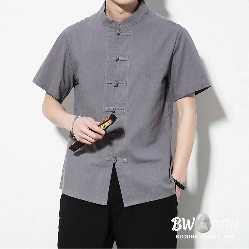 Buddha Stones Casual Solid Color Front Frog Buttons Chinese Tang Suit Short Sleeve Linen Men’s Shirt - Men’s Shirts