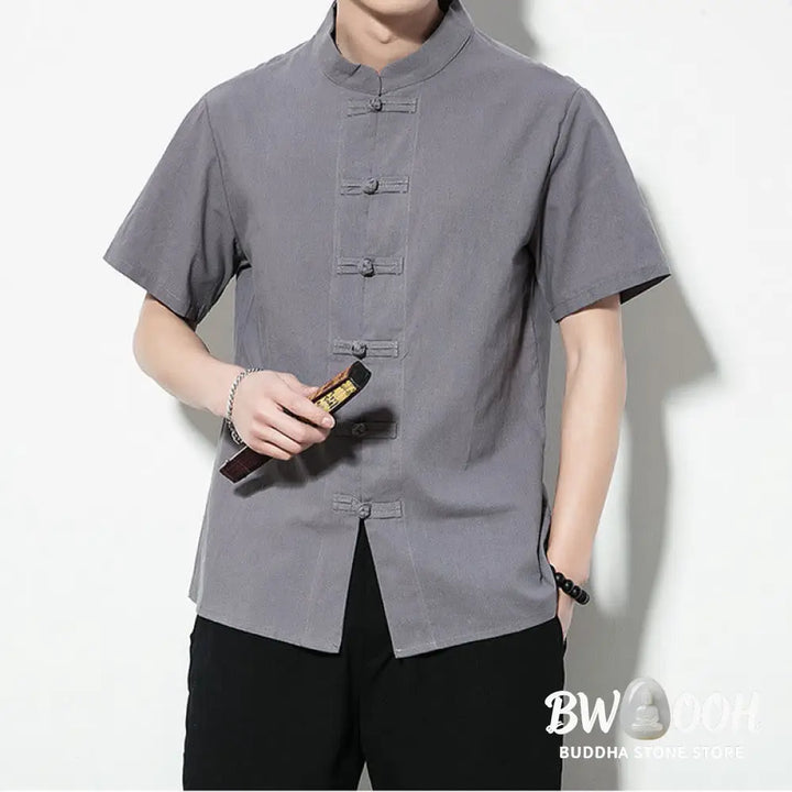 Buddha Stones Casual Solid Color Front Frog Buttons Chinese Tang Suit Short Sleeve Linen Men’s Shirt - Men’s Shirts