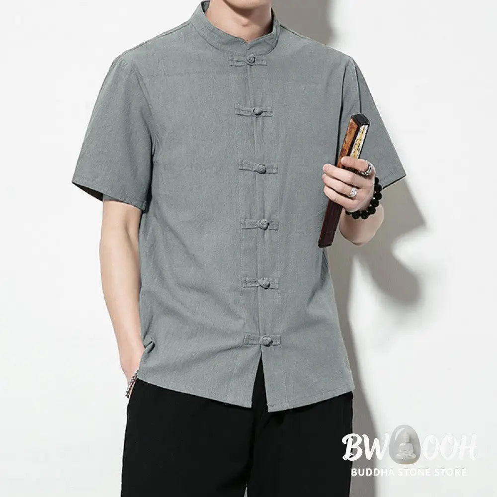 Buddha Stones Casual Solid Color Front Frog Buttons Chinese Tang Suit Short Sleeve Linen Men’s Shirt - Men’s Shirts