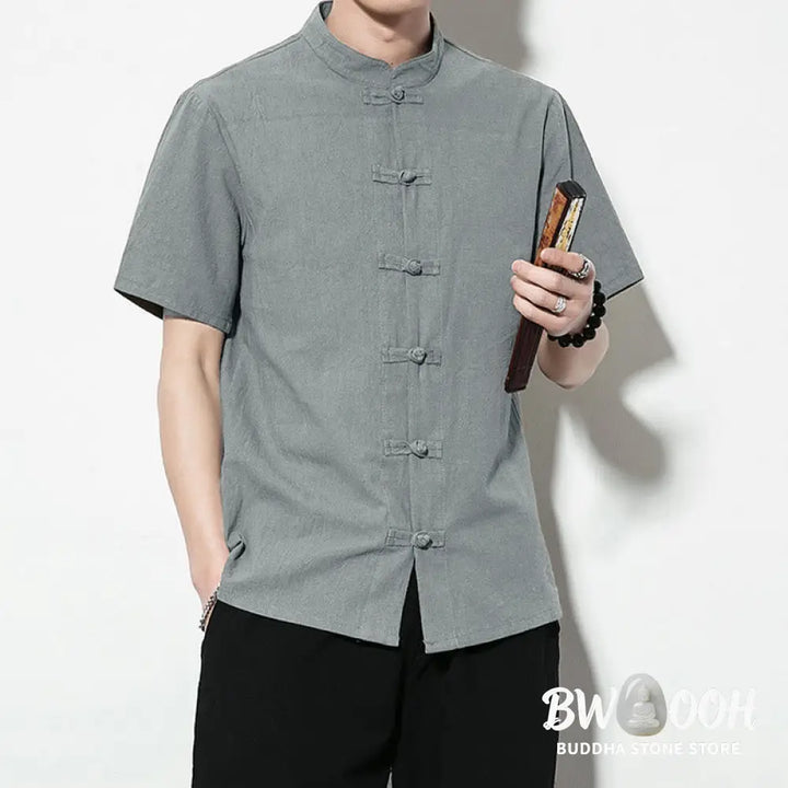 Buddha Stones Casual Solid Color Front Frog Buttons Chinese Tang Suit Short Sleeve Linen Men’s Shirt - Men’s Shirts