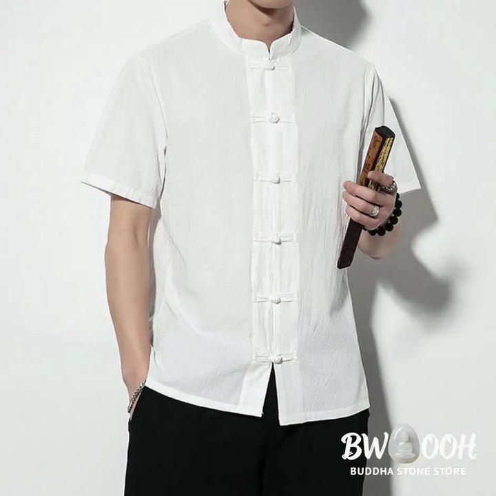 Buddha Stones Casual Solid Color Front Frog Buttons Chinese Tang Suit Short Sleeve Linen Men’s Shirt - Men’s Shirts