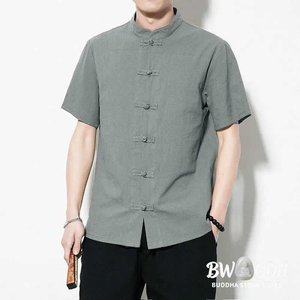 Buddha Stones Casual Solid Color Front Frog Buttons Chinese Tang Suit Short Sleeve Linen Men’s Shirt - Men’s Shirts