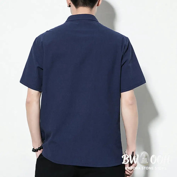 Buddha Stones Casual Solid Color Front Frog Buttons Chinese Tang Suit Short Sleeve Linen Men’s Shirt - Men’s Shirts