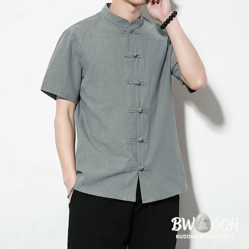 Buddha Stones Casual Solid Color Front Frog Buttons Chinese Tang Suit Short Sleeve Linen Men’s Shirt - Men’s Shirts