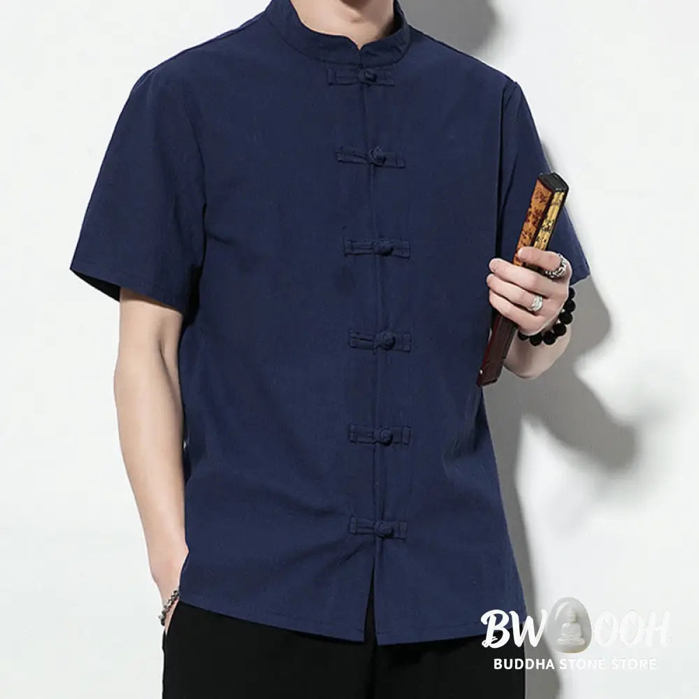 Buddha Stones Casual Solid Color Front Frog Buttons Chinese Tang Suit Short Sleeve Linen Men’s Shirt - Men’s Shirts