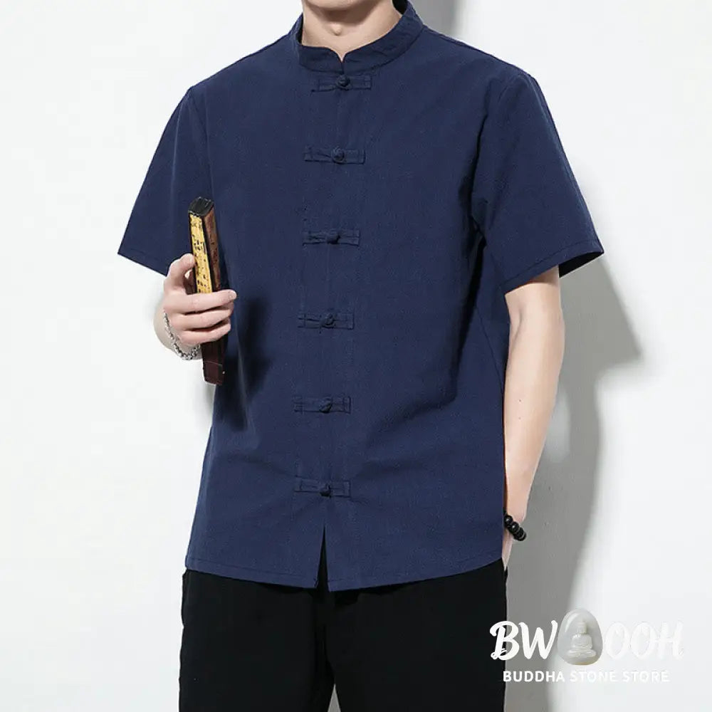 Buddha Stones Casual Solid Color Front Frog Buttons Chinese Tang Suit Short Sleeve Linen Men’s Shirt - Men’s Shirts