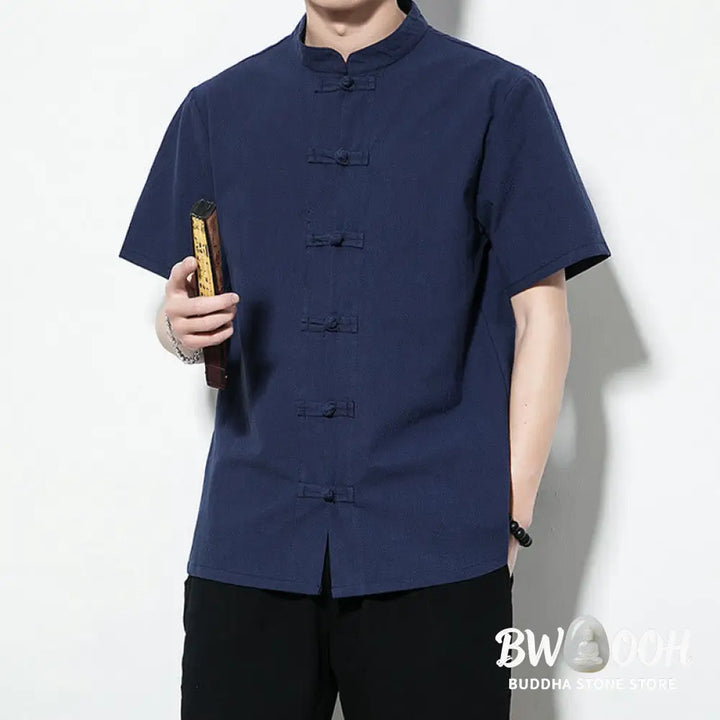 Buddha Stones Casual Solid Color Front Frog Buttons Chinese Tang Suit Short Sleeve Linen Men’s Shirt - Men’s Shirts