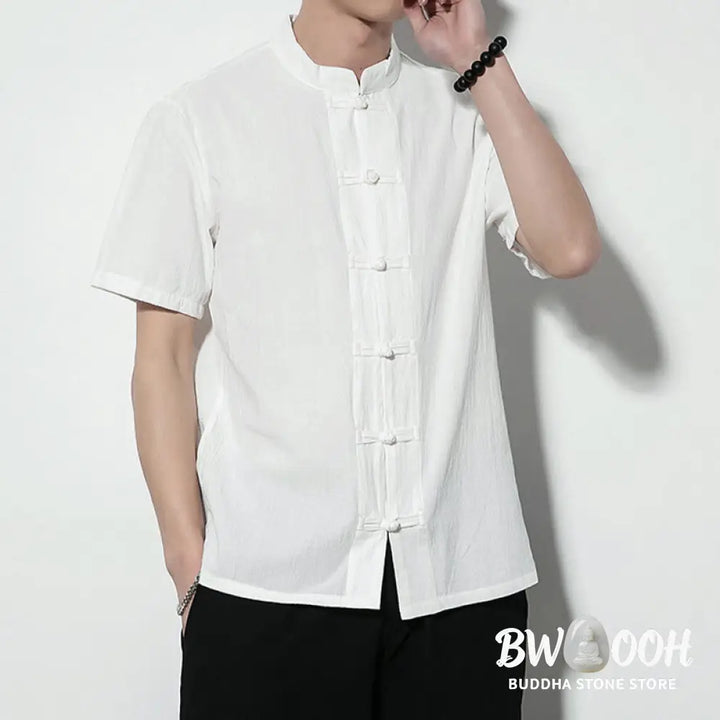 Buddha Stones Casual Solid Color Front Frog Buttons Chinese Tang Suit Short Sleeve Linen Men’s Shirt - Men’s Shirts