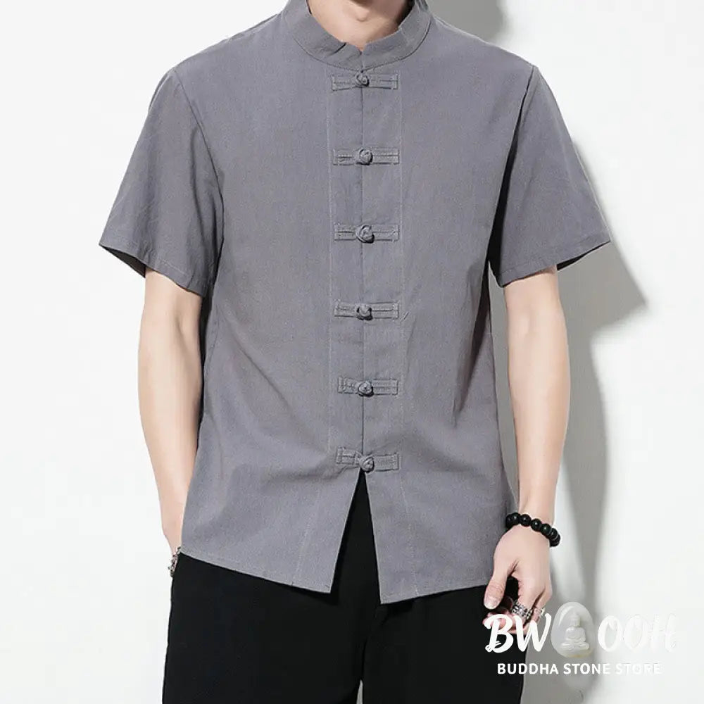 Buddha Stones Casual Solid Color Front Frog Buttons Chinese Tang Suit Short Sleeve Linen Men’s Shirt - Men’s Shirts