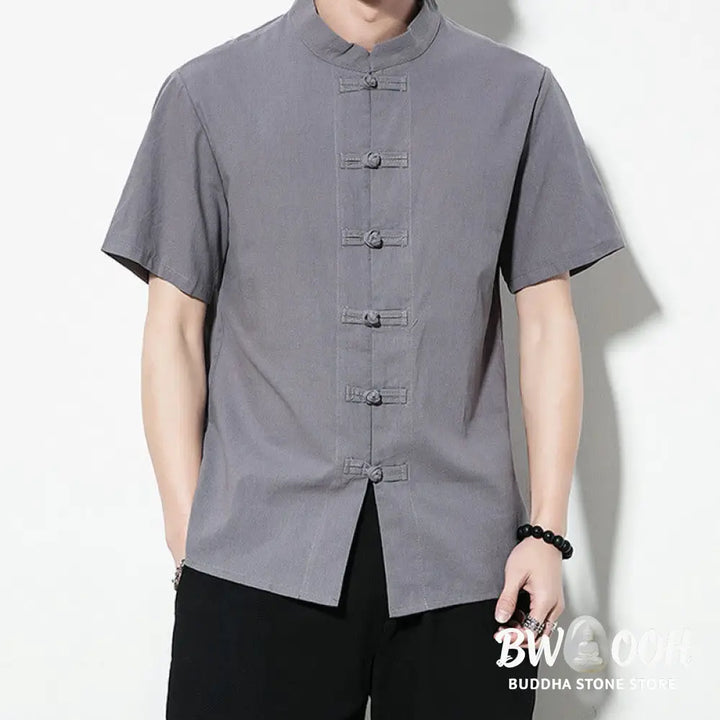 Buddha Stones Casual Solid Color Front Frog Buttons Chinese Tang Suit Short Sleeve Linen Men’s Shirt - Men’s Shirts