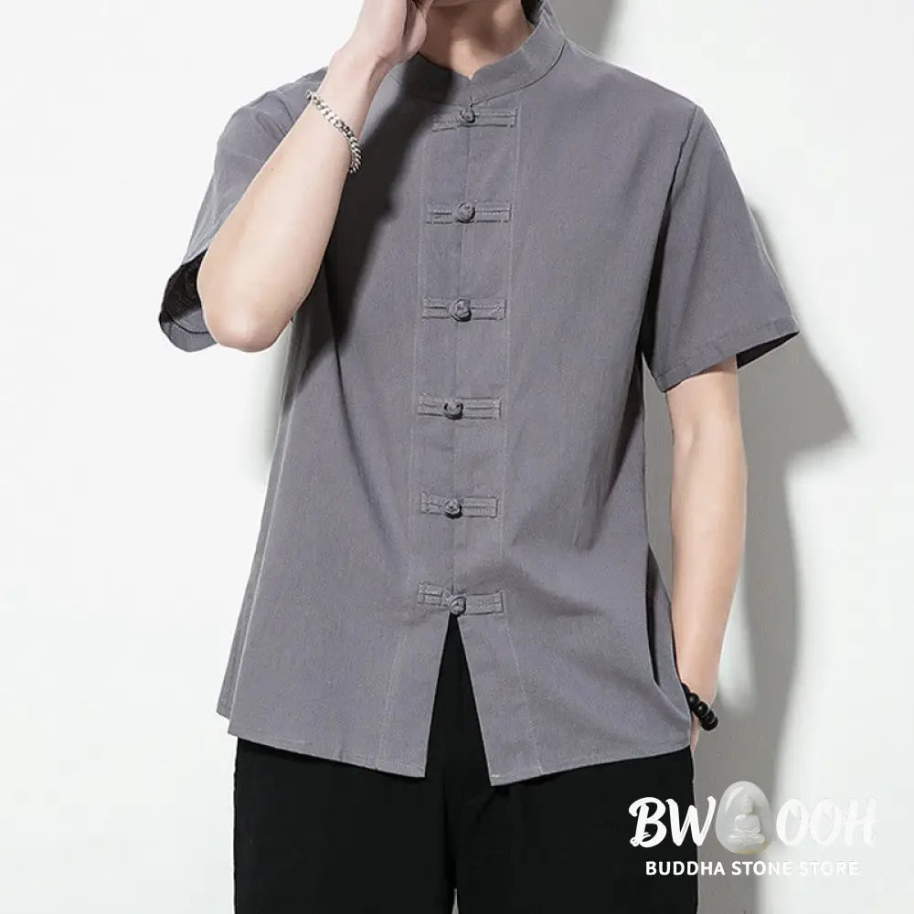 Buddha Stones Casual Solid Color Front Frog Buttons Chinese Tang Suit Short Sleeve Linen Men’s Shirt - Men’s Shirts