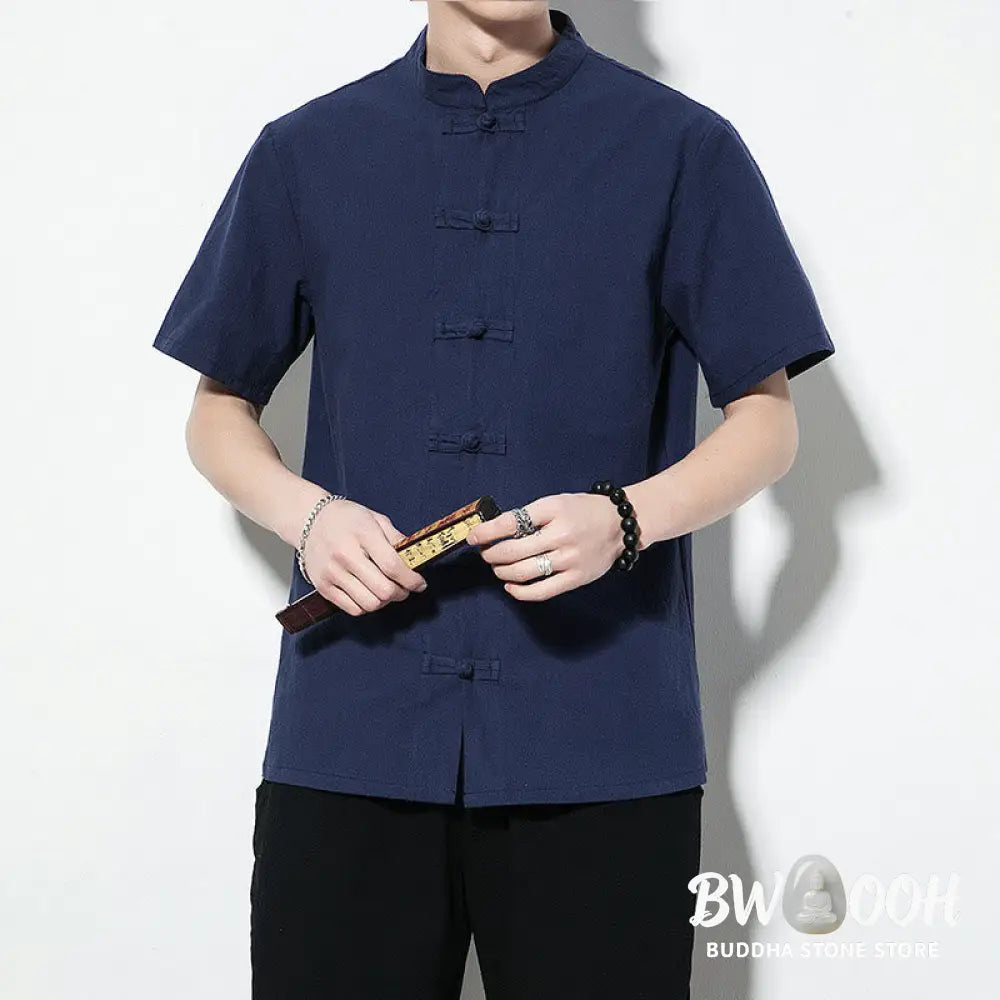 Buddha Stones Casual Solid Color Front Frog Buttons Chinese Tang Suit Short Sleeve Linen Men’s Shirt - Men’s Shirts