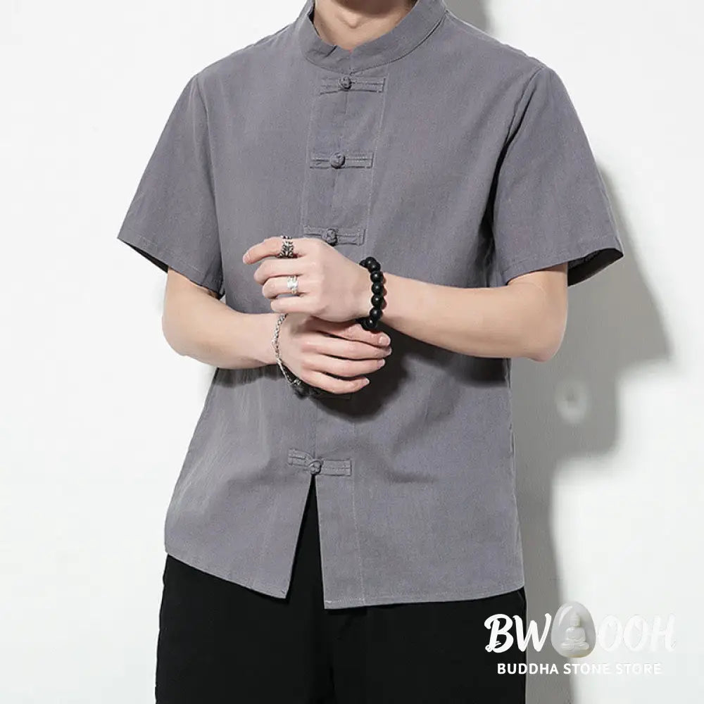 Buddha Stones Casual Solid Color Front Frog Buttons Chinese Tang Suit Short Sleeve Linen Men’s Shirt - Men’s Shirts