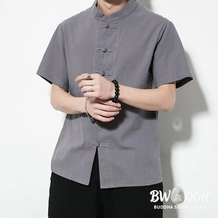Buddha Stones Casual Solid Color Front Frog Buttons Chinese Tang Suit Short Sleeve Linen Men’s Shirt - Men’s Shirts