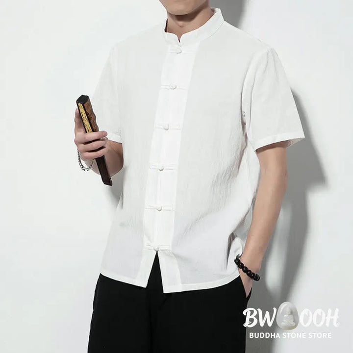 Buddha Stones Casual Solid Color Front Frog Buttons Chinese Tang Suit Short Sleeve Linen Men’s Shirt - Men’s Shirts