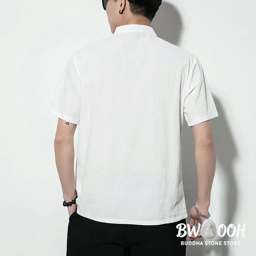 Buddha Stones Casual Solid Color Front Frog Buttons Chinese Tang Suit Short Sleeve Linen Men’s Shirt - Men’s Shirts