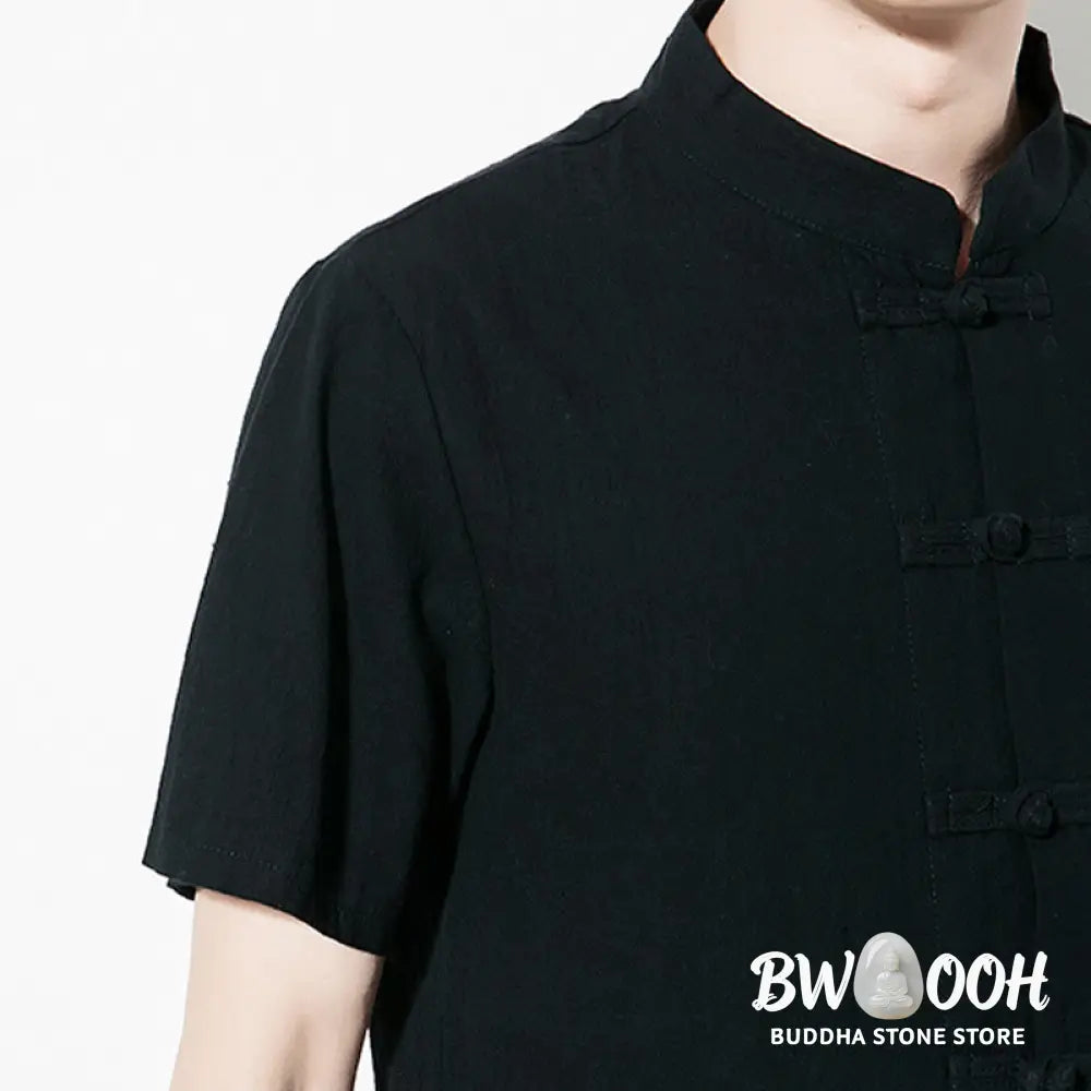 Buddha Stones Casual Solid Color Front Frog Buttons Chinese Tang Suit Short Sleeve Linen Men’s Shirt - Men’s Shirts