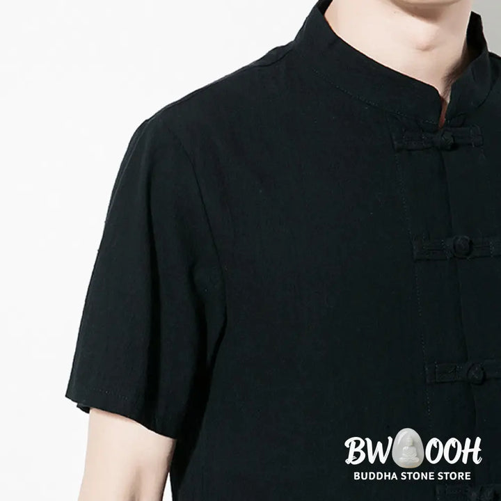 Buddha Stones Casual Solid Color Front Frog Buttons Chinese Tang Suit Short Sleeve Linen Men’s Shirt - Men’s Shirts