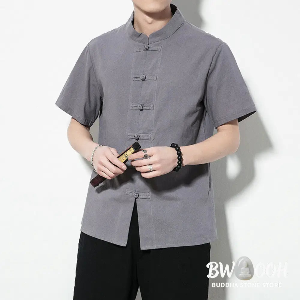 Buddha Stones Casual Solid Color Front Frog Buttons Chinese Tang Suit Short Sleeve Linen Men’s Shirt - Men’s Shirts