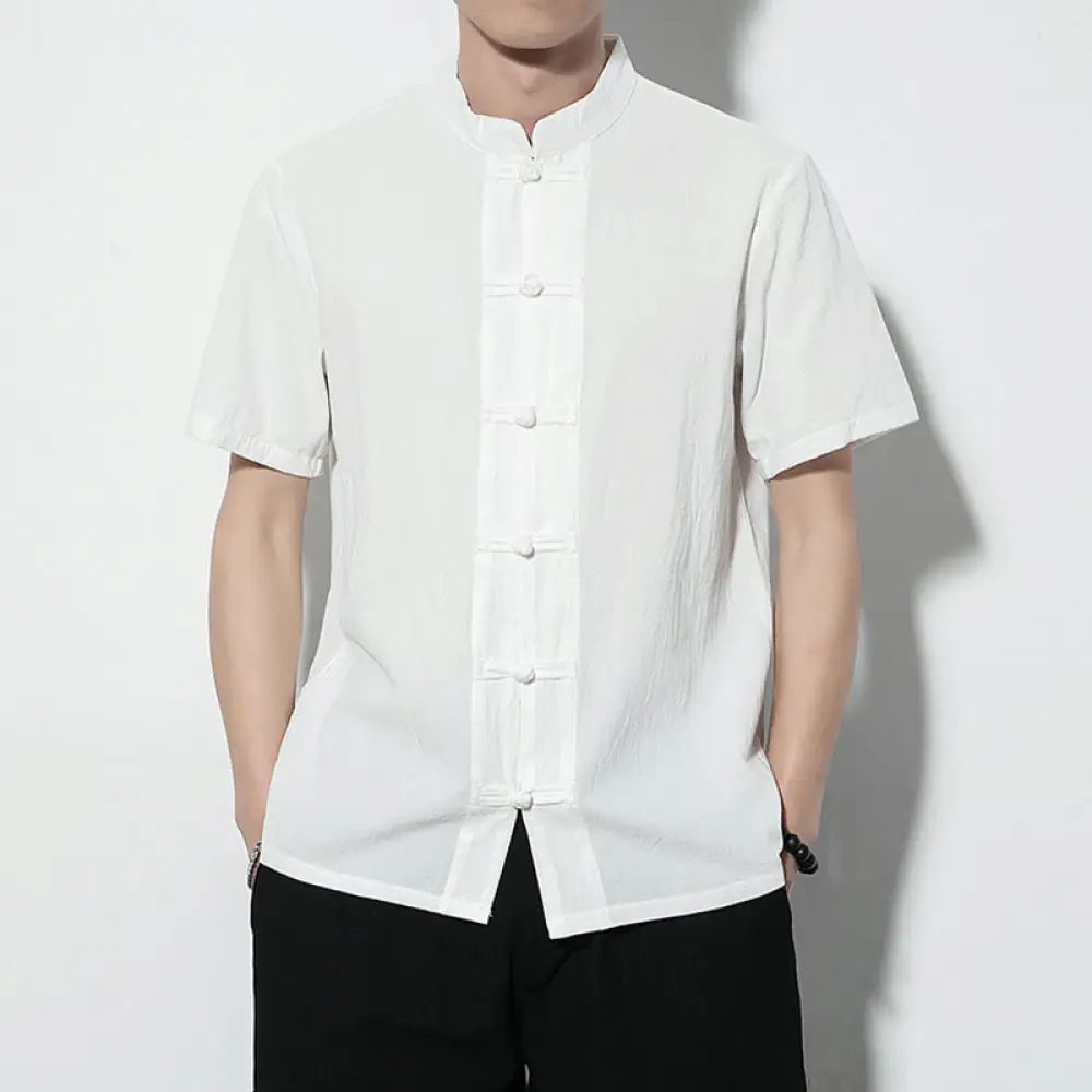 Buddha Stones Casual Solid Color Front Frog Buttons Chinese Tang Suit Short Sleeve Linen Men’s Shirt - White