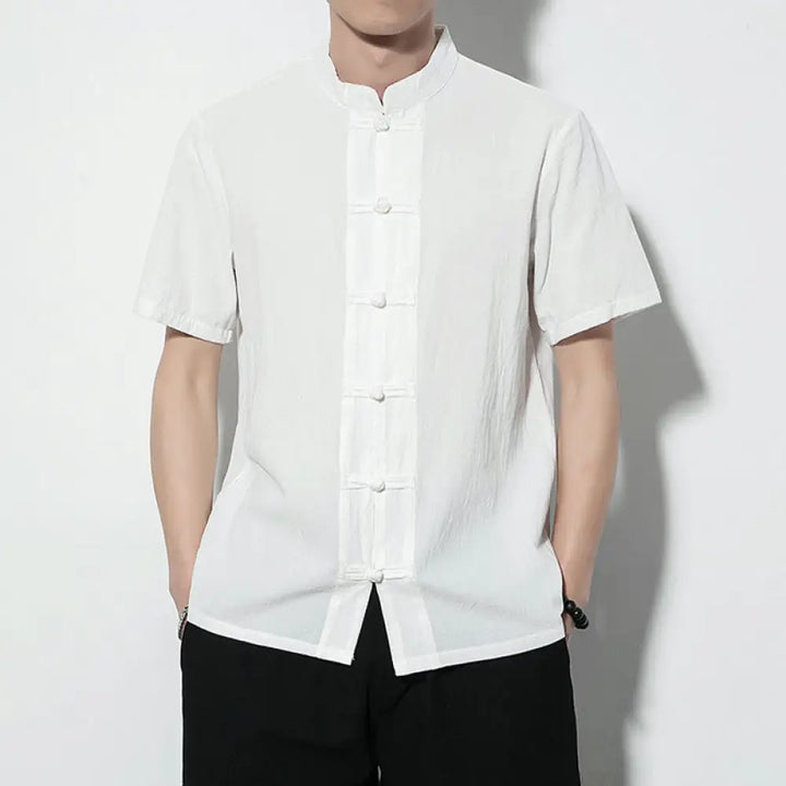 Buddha Stones Casual Solid Color Front Frog Buttons Chinese Tang Suit Short Sleeve Linen Men’s Shirt - White