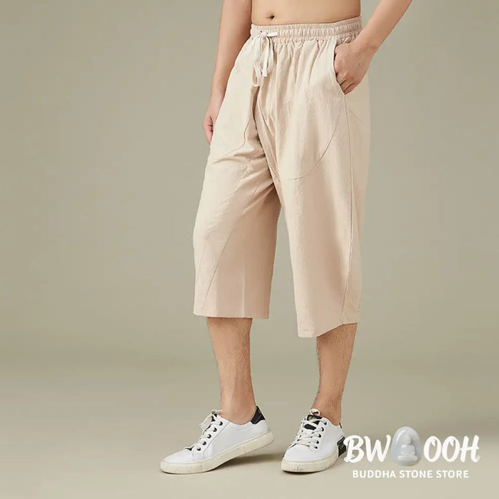 Buddha Stones Casual Solid Color Men’s Straight Leg Shorts With Pockets Leisure Cotton Men’s Pants - Men’s Pants
