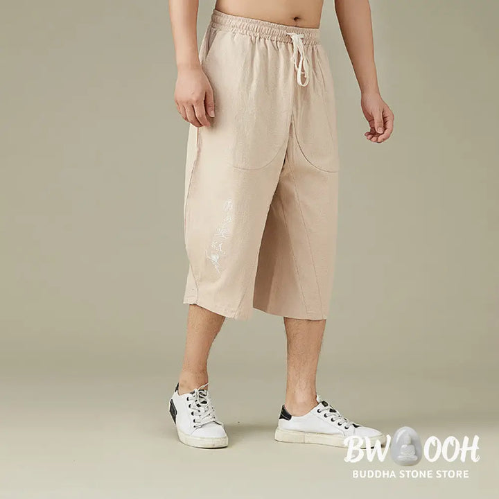 Buddha Stones Casual Solid Color Men’s Straight Leg Shorts With Pockets Leisure Cotton Men’s Pants - Men’s Pants
