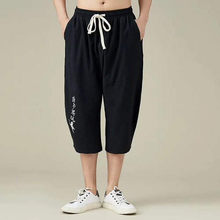 Buddha Stones Casual Solid Color Men’s Straight Leg Shorts With Pockets Leisure Cotton Men’s Pants - Black