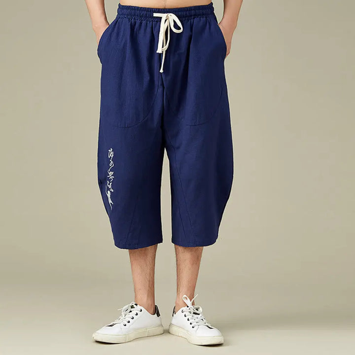Buddha Stones Casual Solid Color Men’s Straight Leg Shorts With Pockets Leisure Cotton Men’s Pants - DarkBlue