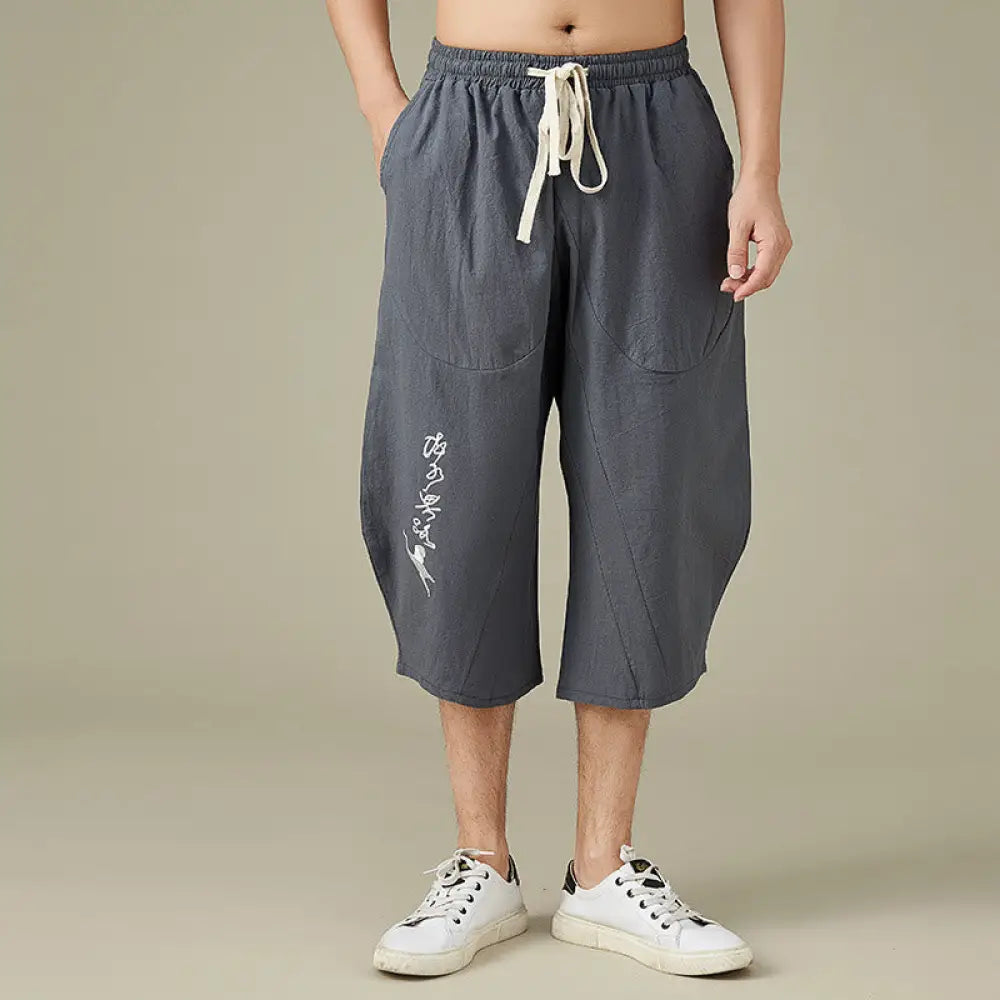 Buddha Stones Casual Solid Color Men’s Straight Leg Shorts With Pockets Leisure Cotton Men’s Pants - Gray