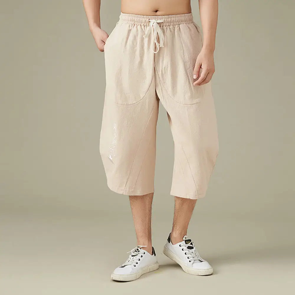 Buddha Stones Casual Solid Color Men’s Straight Leg Shorts With Pockets Leisure Cotton Men’s Pants - PeachPuff