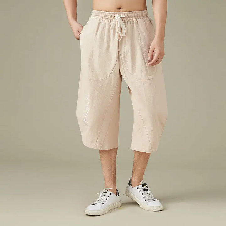Buddha Stones Casual Solid Color Men’s Straight Leg Shorts With Pockets Leisure Cotton Men’s Pants - PeachPuff