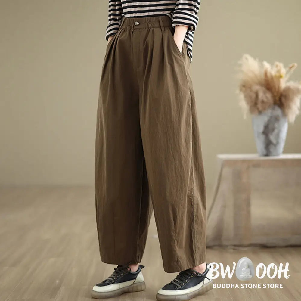 Buddha Stones Casual Solid Color One Top Button Elastic Waistband Women’s Pants With Pockets - Women’s Pants