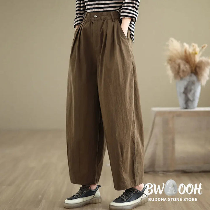 Buddha Stones Casual Solid Color One Top Button Elastic Waistband Women’s Pants With Pockets - Women’s Pants