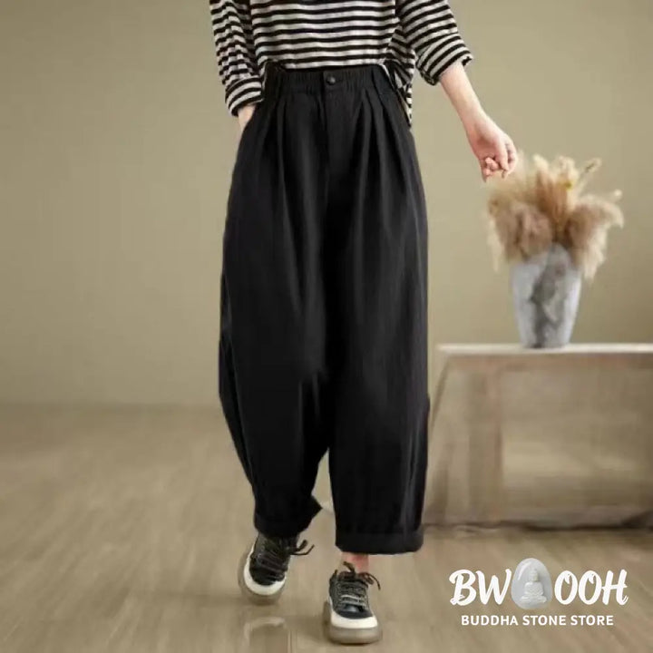 Buddha Stones Casual Solid Color One Top Button Elastic Waistband Women’s Pants With Pockets - Women’s Pants