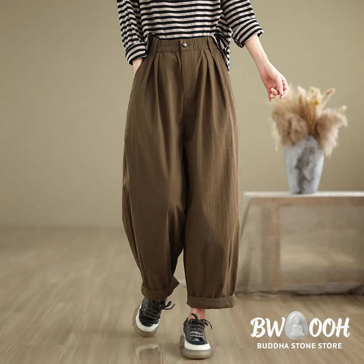 Buddha Stones Casual Solid Color One Top Button Elastic Waistband Women’s Pants With Pockets - Women’s Pants