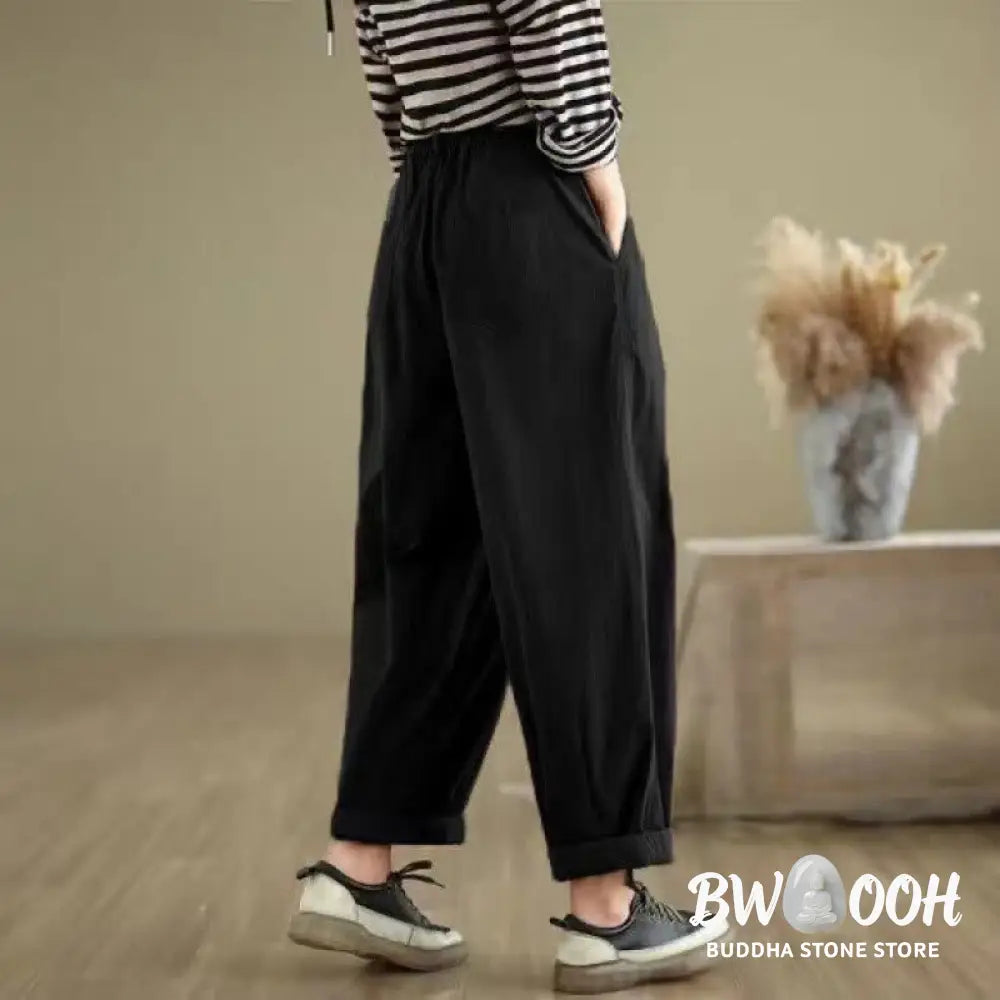 Buddha Stones Casual Solid Color One Top Button Elastic Waistband Women’s Pants With Pockets - Women’s Pants