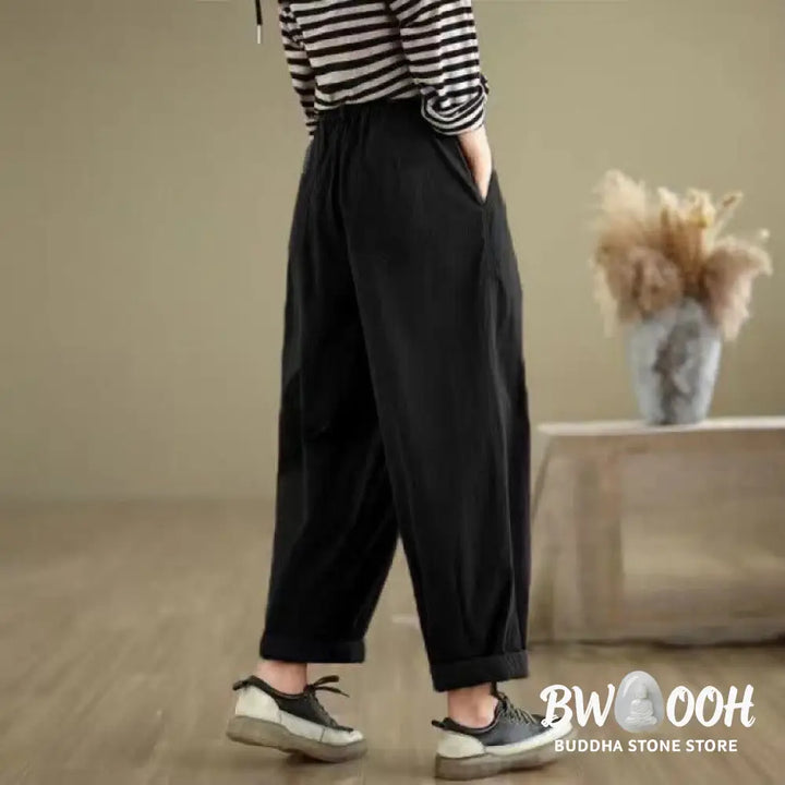 Buddha Stones Casual Solid Color One Top Button Elastic Waistband Women’s Pants With Pockets - Women’s Pants