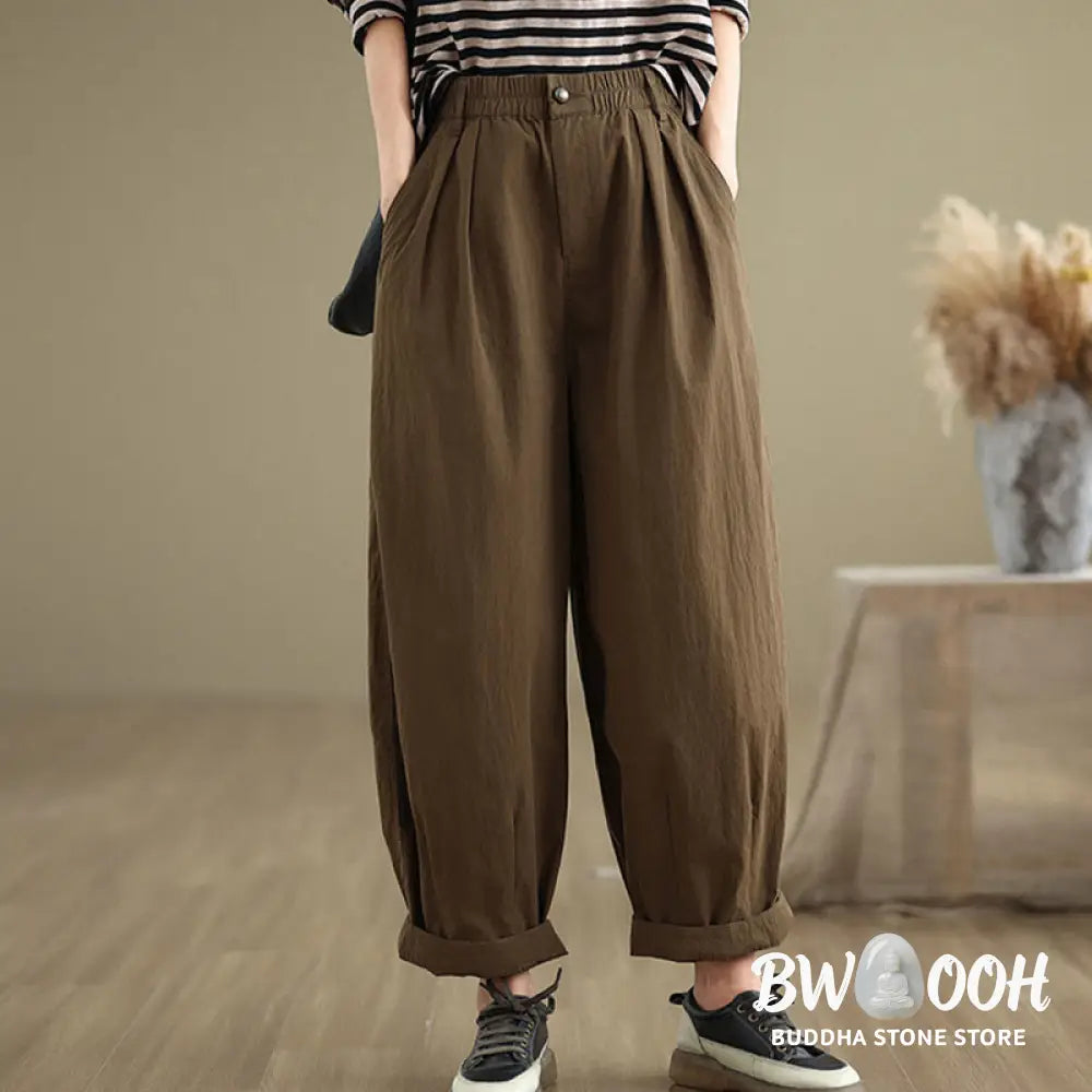 Buddha Stones Casual Solid Color One Top Button Elastic Waistband Women’s Pants With Pockets - Women’s Pants