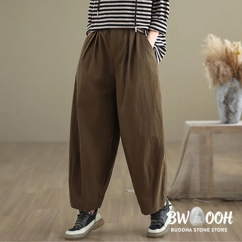 Buddha Stones Casual Solid Color One Top Button Elastic Waistband Women’s Pants With Pockets - Women’s Pants