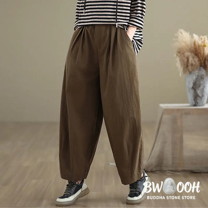 Buddha Stones Casual Solid Color One Top Button Elastic Waistband Women’s Pants With Pockets - Women’s Pants