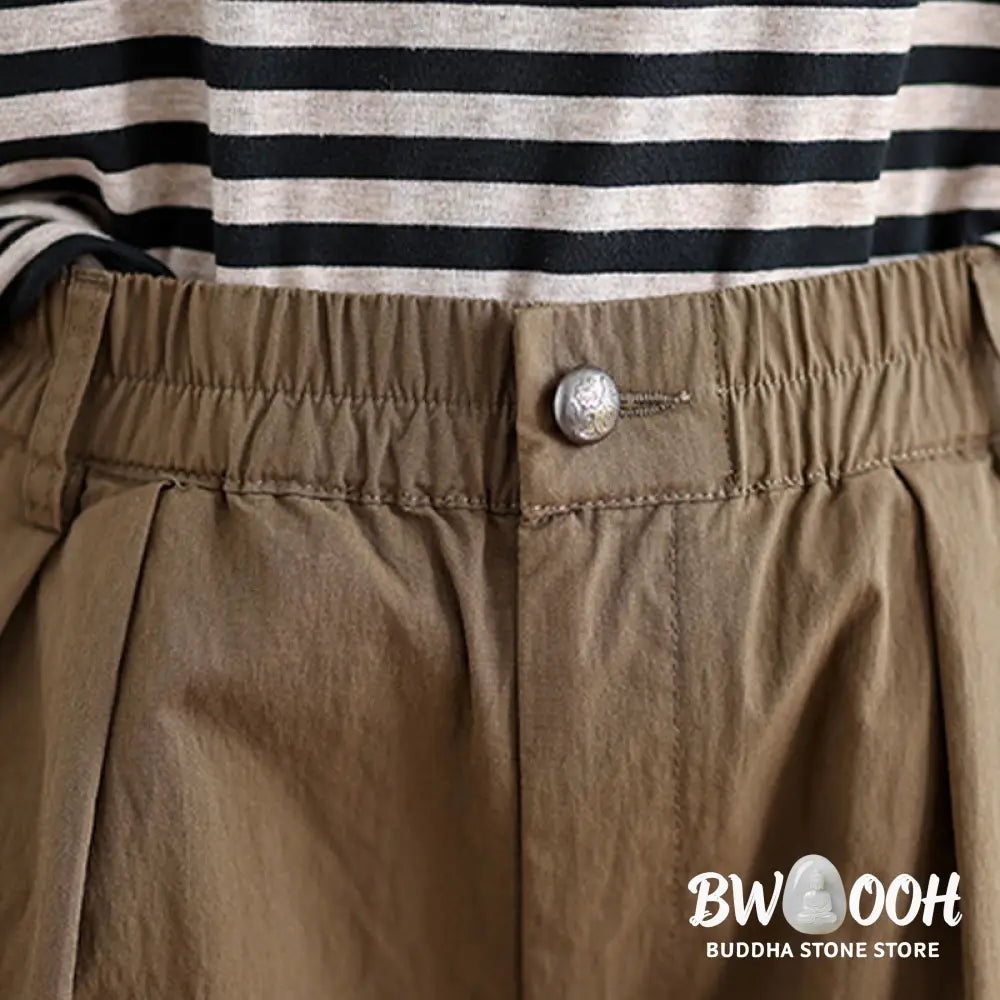 Buddha Stones Casual Solid Color One Top Button Elastic Waistband Women’s Pants With Pockets - Women’s Pants