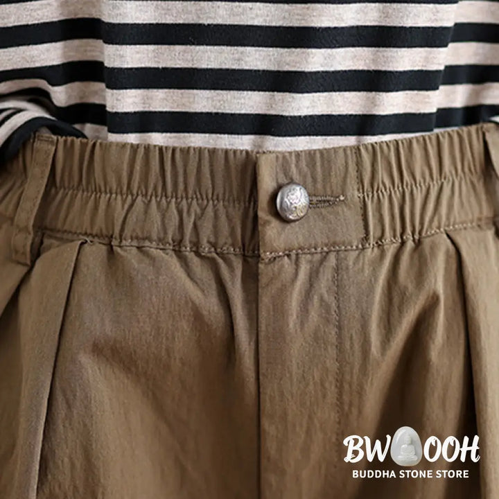 Buddha Stones Casual Solid Color One Top Button Elastic Waistband Women’s Pants With Pockets - Women’s Pants