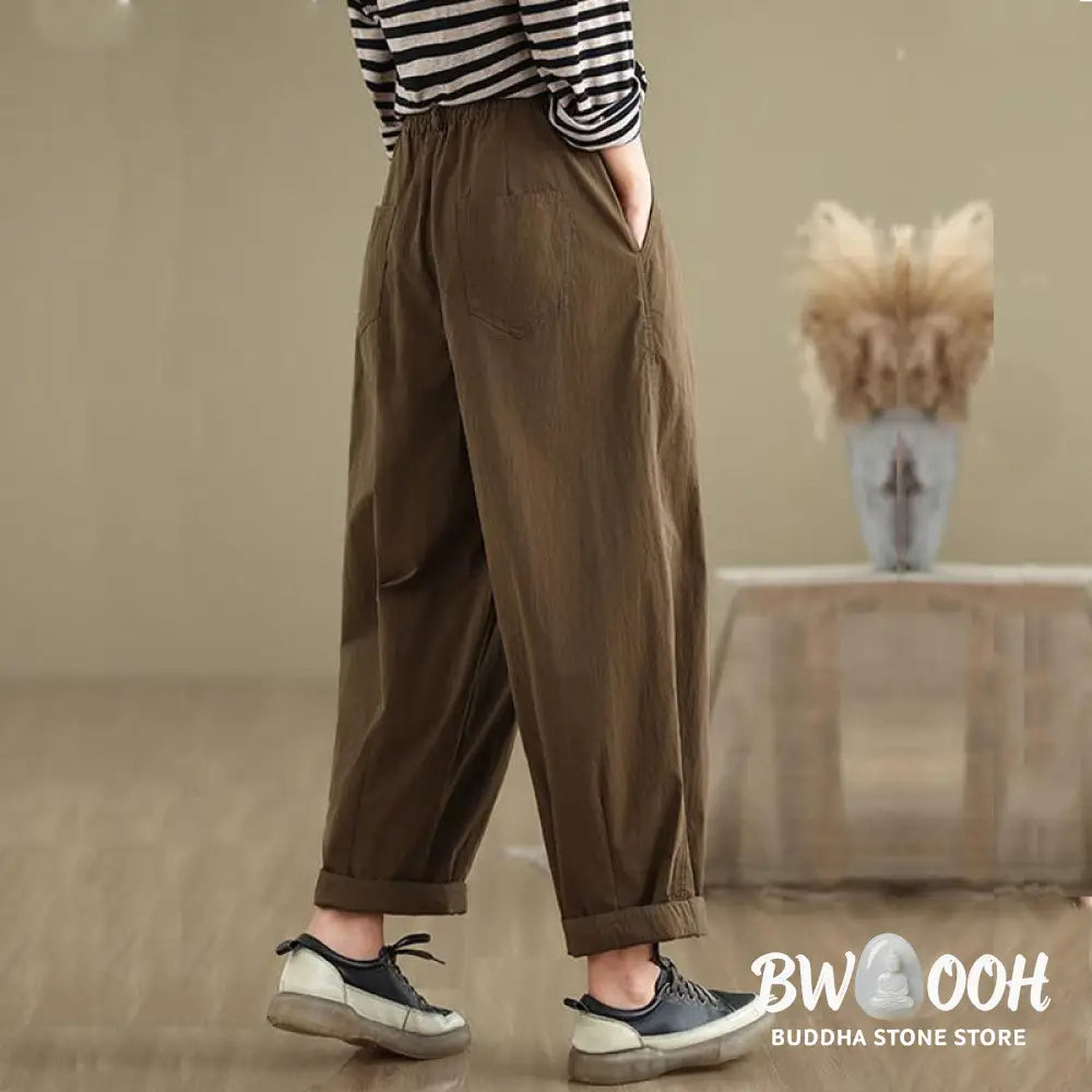 Buddha Stones Casual Solid Color One Top Button Elastic Waistband Women’s Pants With Pockets - Women’s Pants